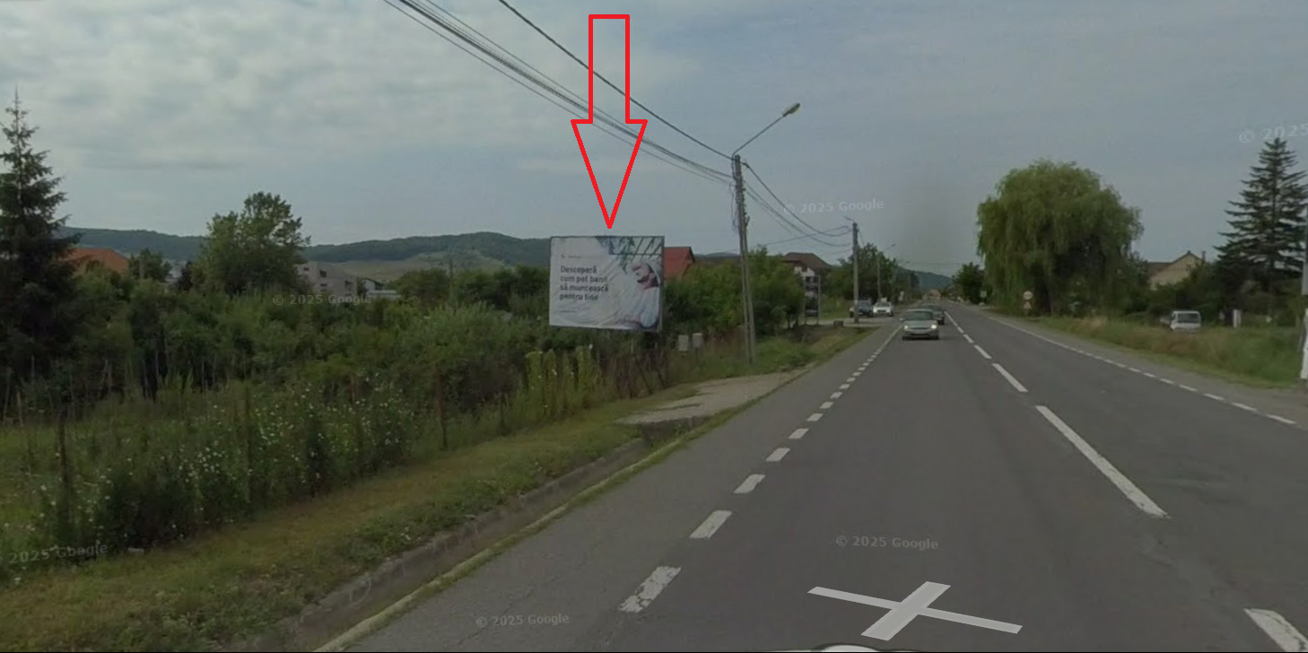 Panou publicitar stradal pe drum principal, zonă rezidențială, județul Bistrița-Năsăud